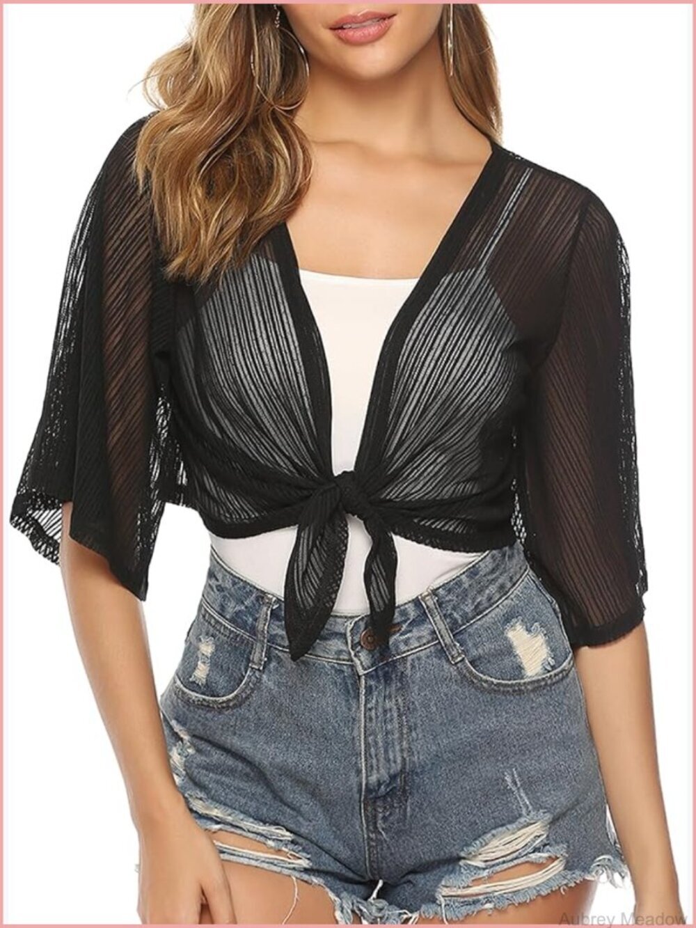 Women Tie Front Chiffon Shrug Short Sleeve Cropped Sheer Bolero Cardigan
